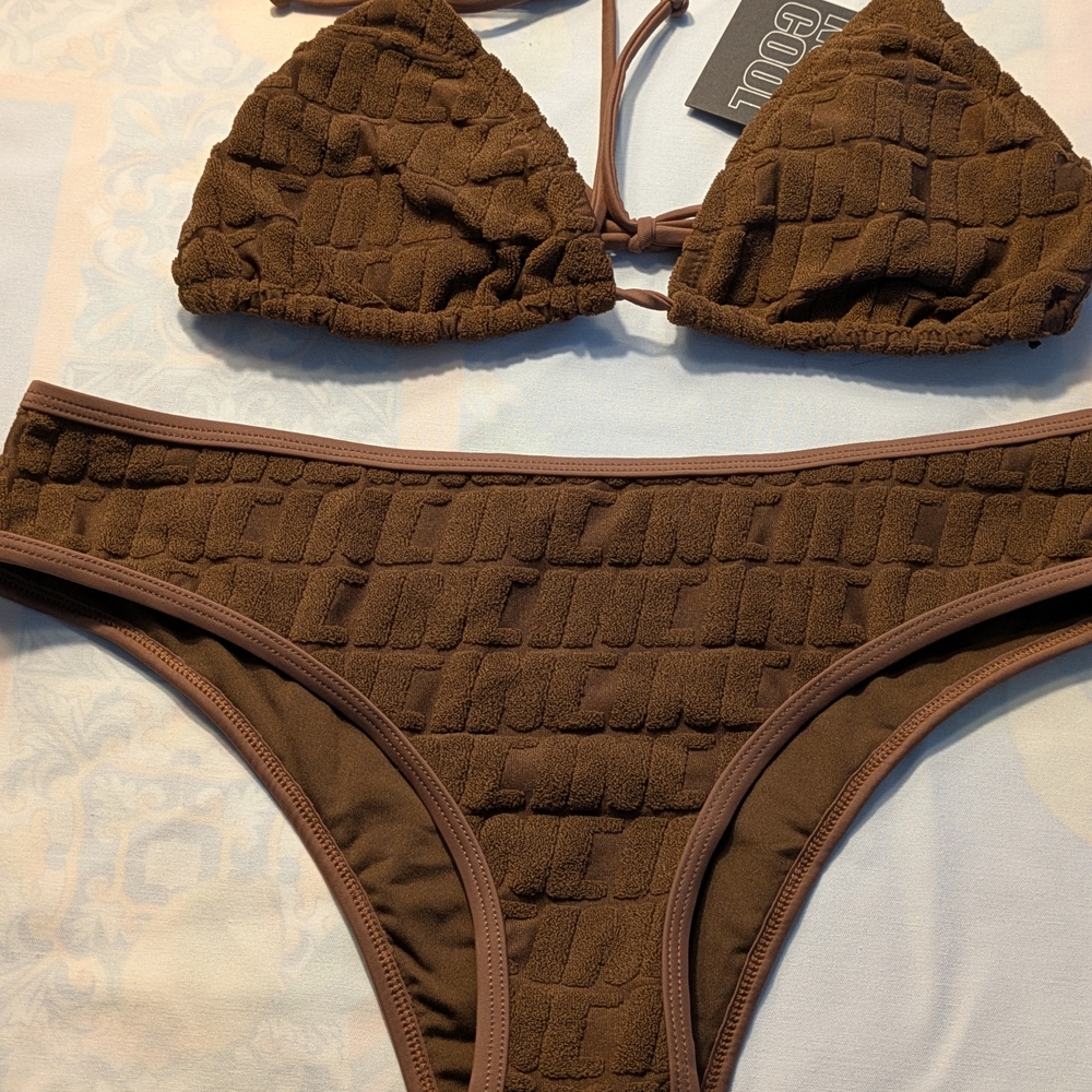 Brown Textured Bikini Set with Triangle Top